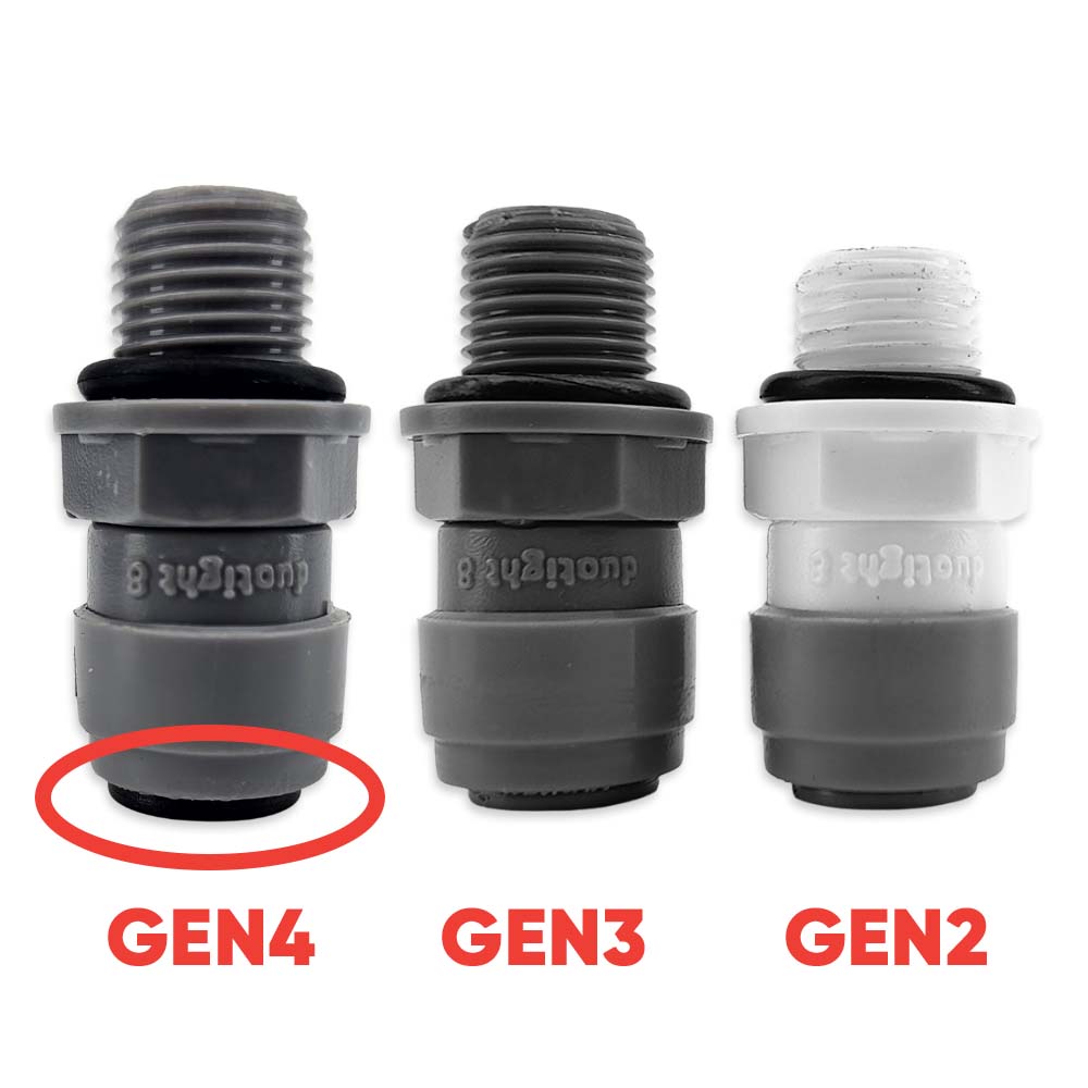 Three plumbing connectors labeled GEN2, GEN3, and GEN4 on a white background.