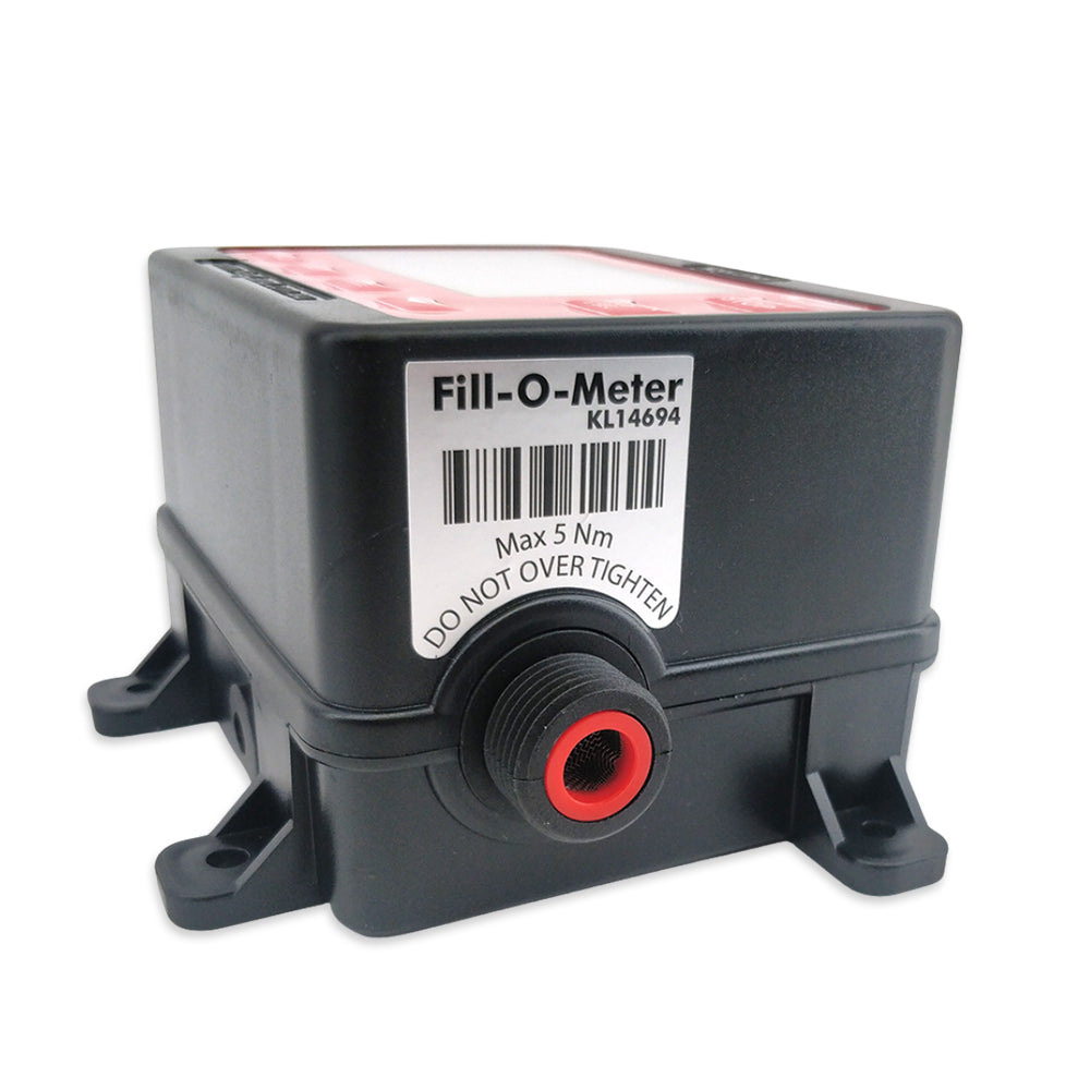 Black 'Fill-O-Meter' device with red accents on a white background