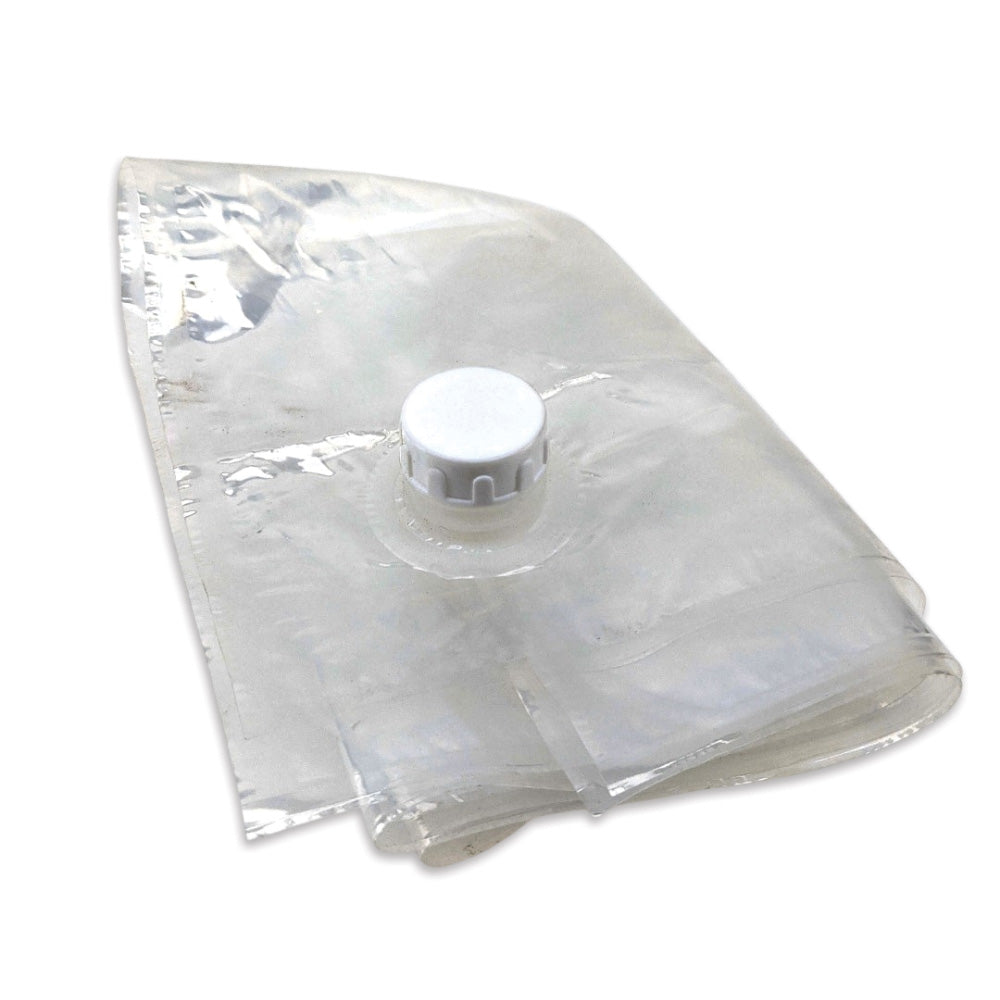 Clear plastic bag with a white cap on a white background