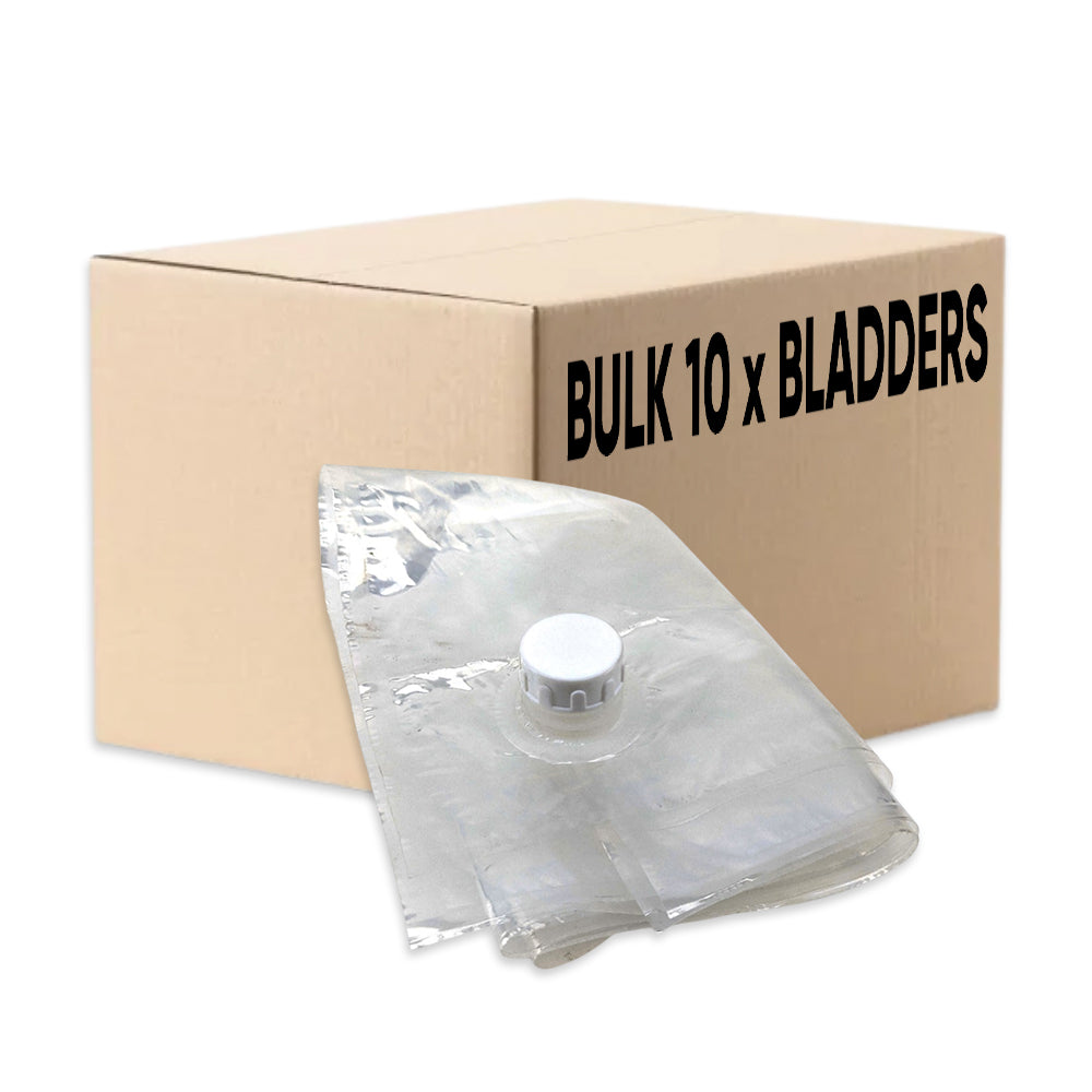 Box labeled 'Bulk 10 x Bladders' with a clear plastic bag containing a white bladder on a white background.
