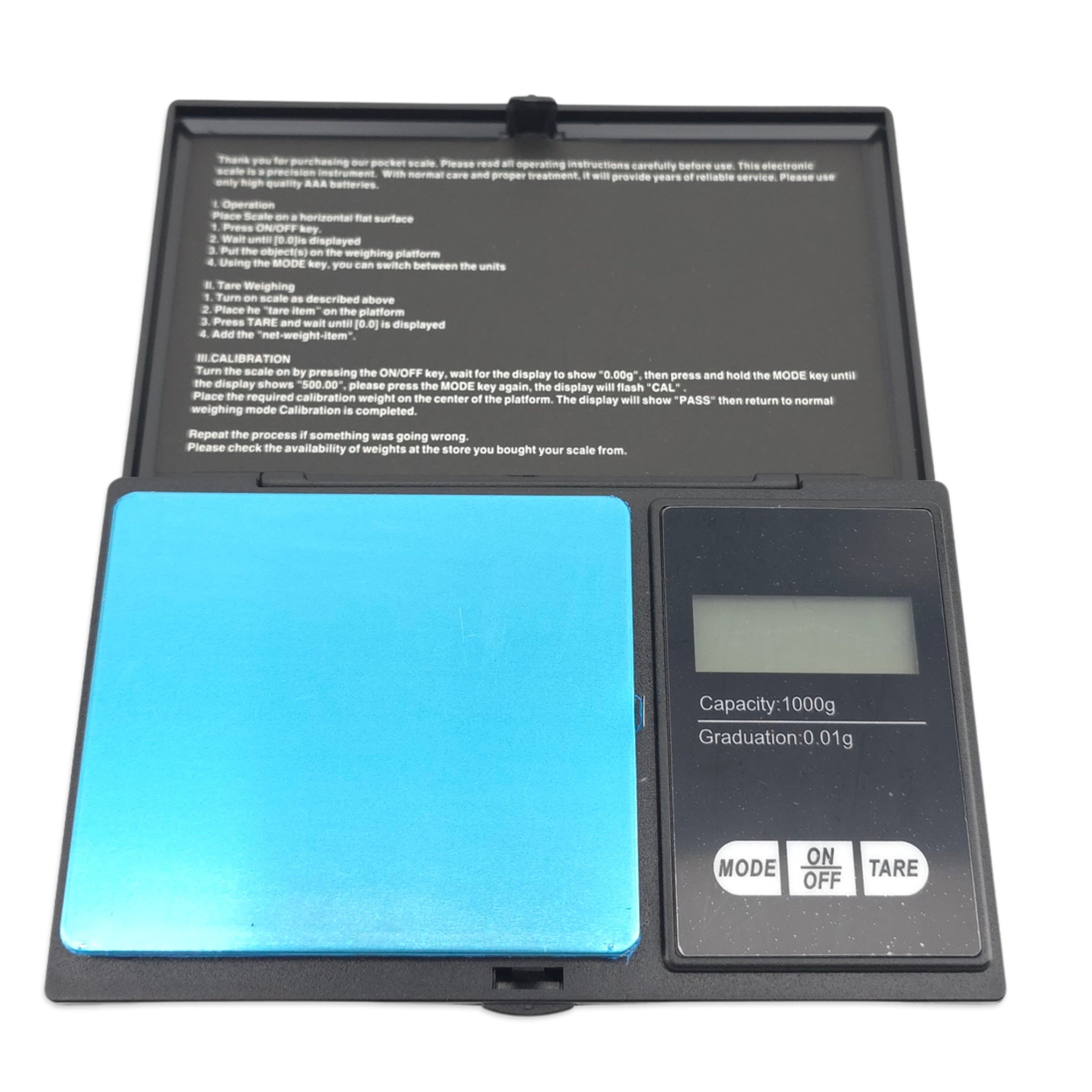 Digital pocket scale with blue platform and black casing on a white background