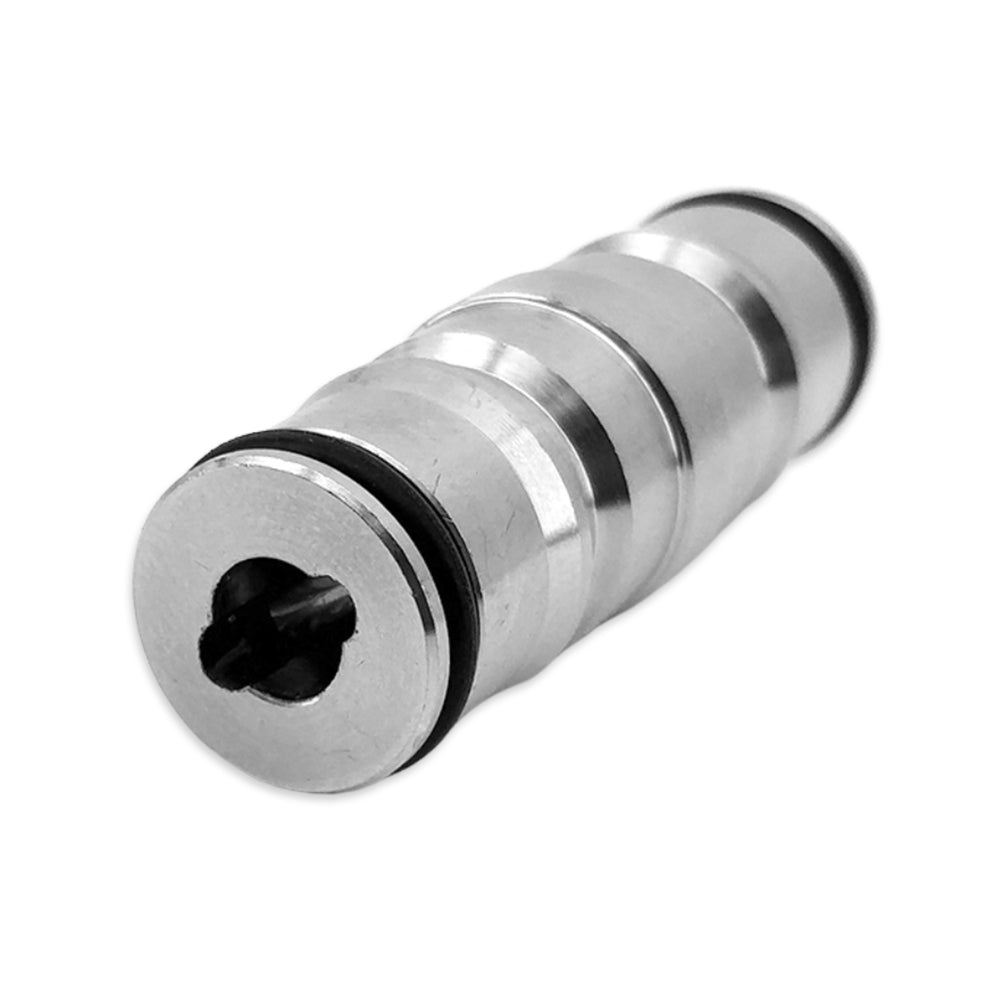 This double ended cornelius post does not have a spring / poppet. It just has a piece of bar that activates the ball lock disconnect wide open.