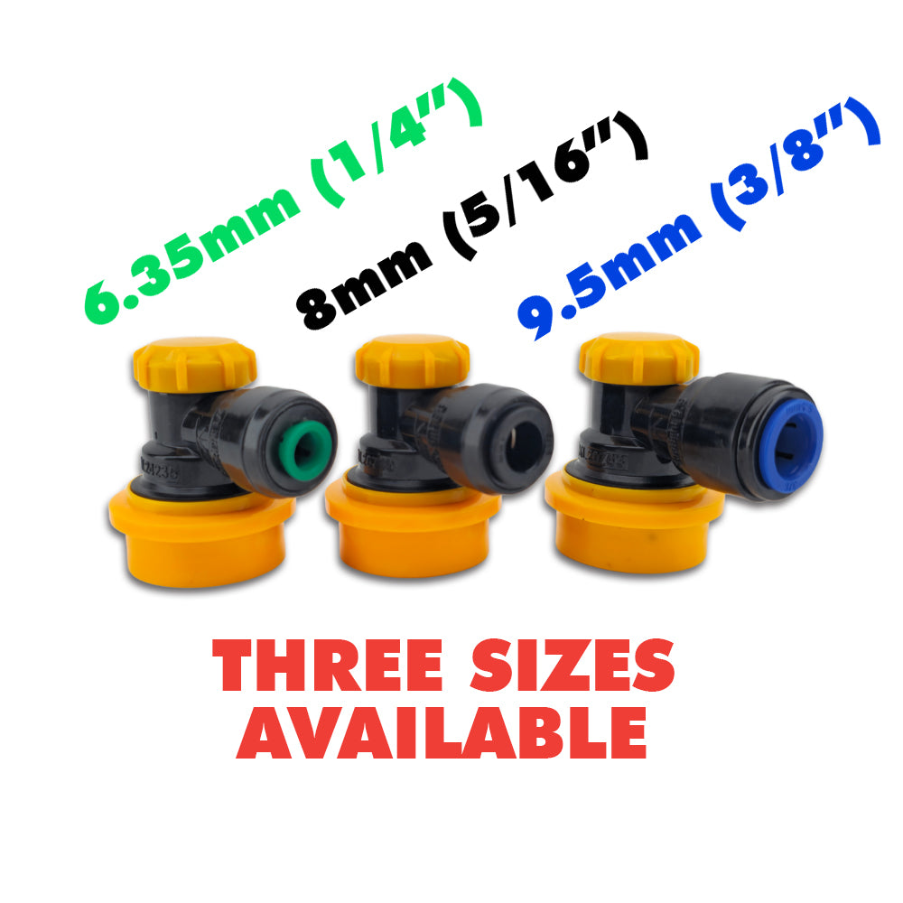 Three sizes of connectors with labeled diameters on a white background
