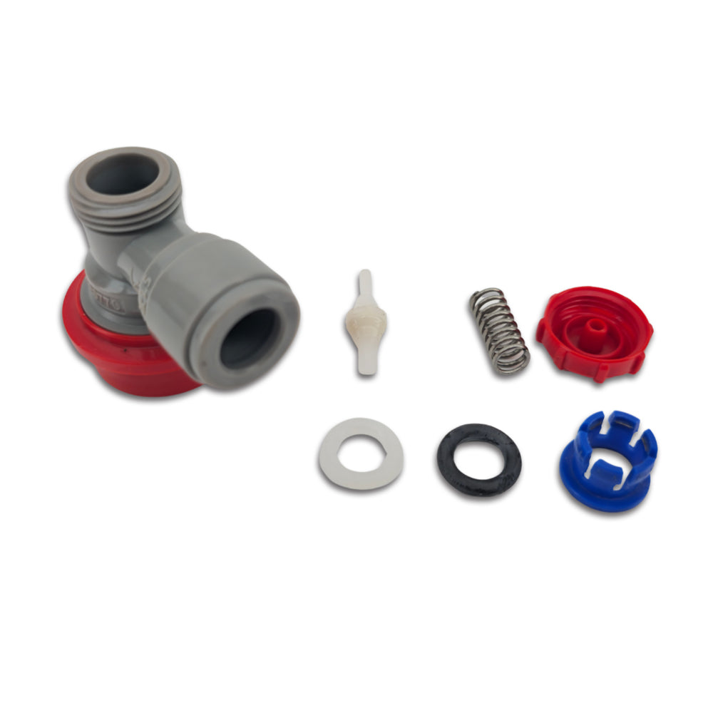 Set of plumbing parts including a gray elbow fitting, red and blue washers, and other components on a white background.