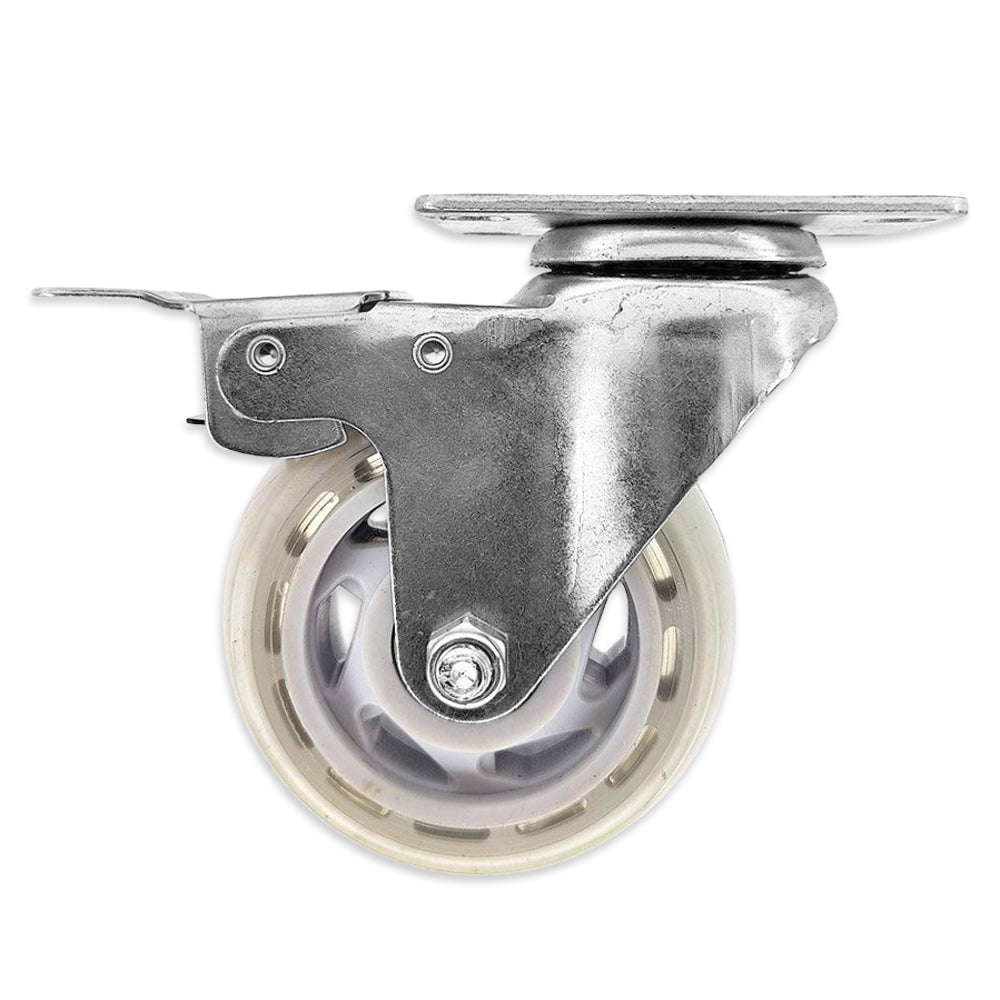 Metallic caster wheel with a white background