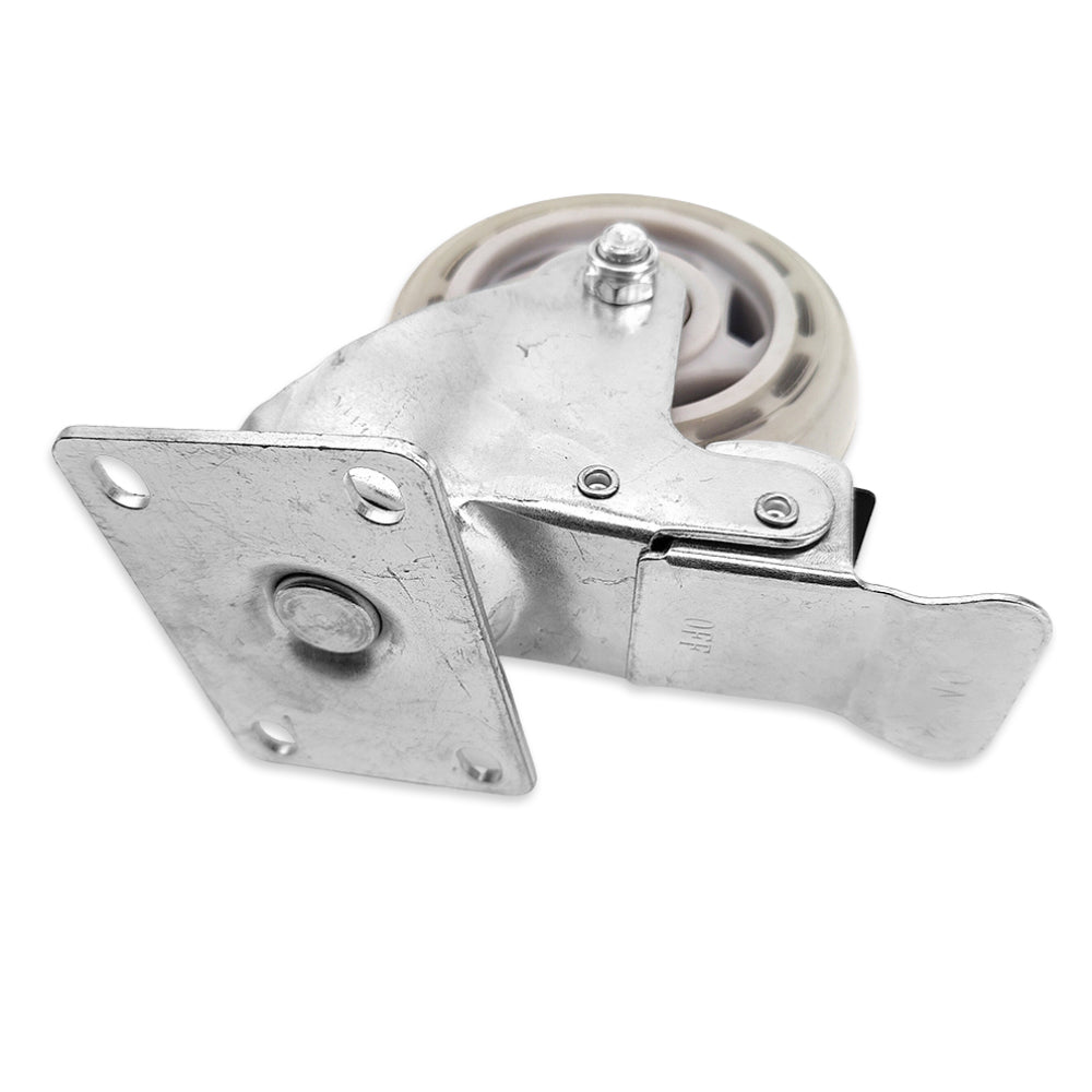 These 100mm diameter castor wheels are a heavy duty castor wheel. Each wheel has a polyurethane tread and steel bearings, making them super soft on hard floors and super smooth to wheel around.