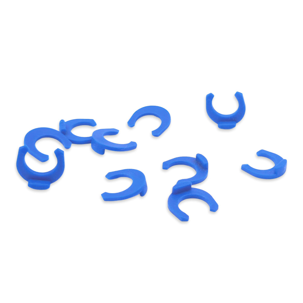 Blue plastic clips on a white background