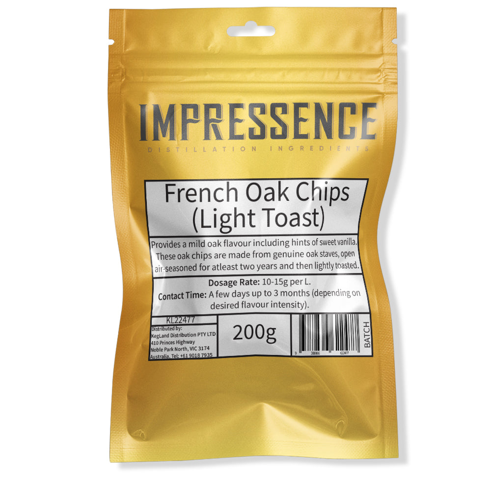 Impressence - French Oak Chips (Light Toast) 200g in a resealable gold mylar bag.