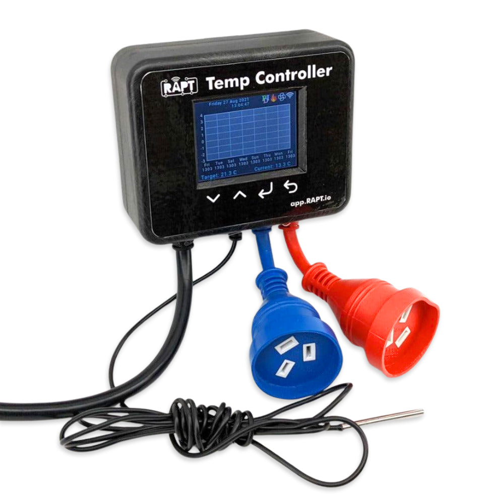 This temperature connects with the RAPT web portal meaning that you can monitor, log and control the devices plugged into this temperature controller box remotely.