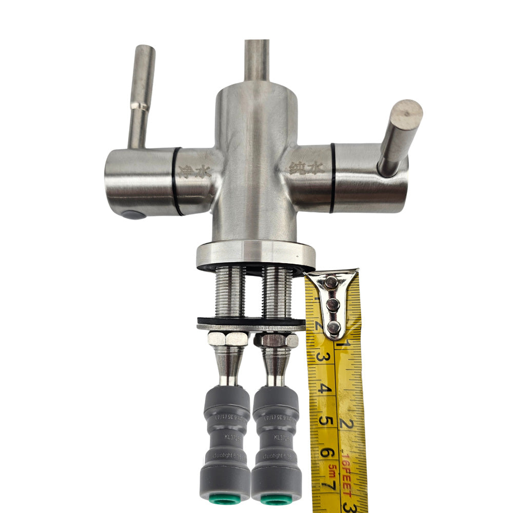 This 2 outlet chrome plated brass tap is suitable for cold filtered water, carbonated water, or ambient temperature water.