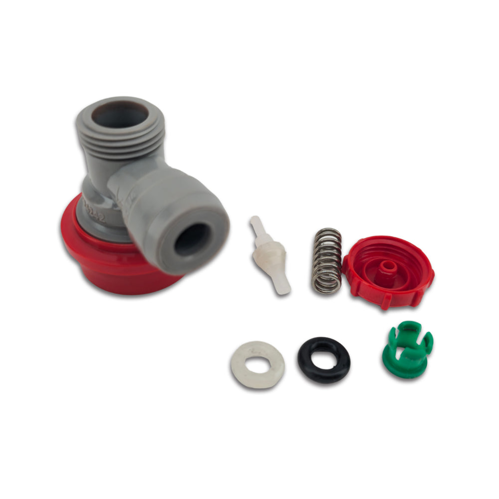 Set of plumbing parts including a gray elbow fitting, red and green components on a white background.