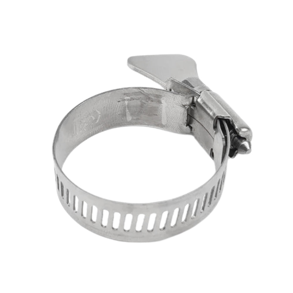 This hose clamp features a butterfly/key type adjustment tab which makes it easier to grip onto and tighten/loosen the clamp without the need for any tools.