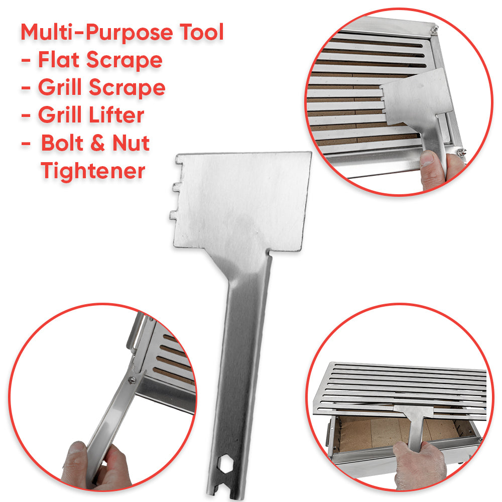 Multi-purpose tool with flat scrape, grill scrape, grill lifter, and bolt/nut tighter functions on a white background.