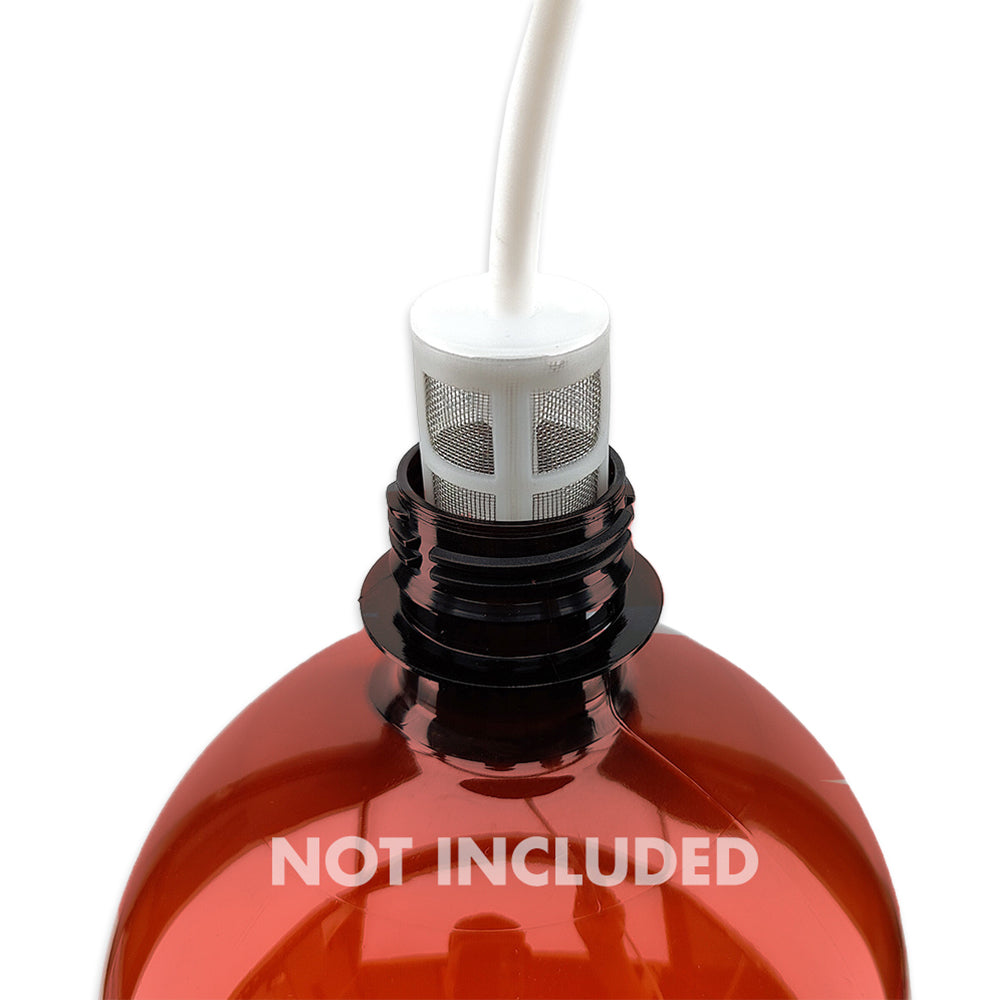 Amber bottle 'NOT INCLUDED' on a showcasing the filtered dip tube.
