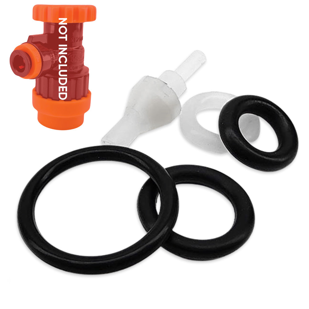 Plumbing valve kit with black washers and 'NOT INCLUDED' text on an orange valve.