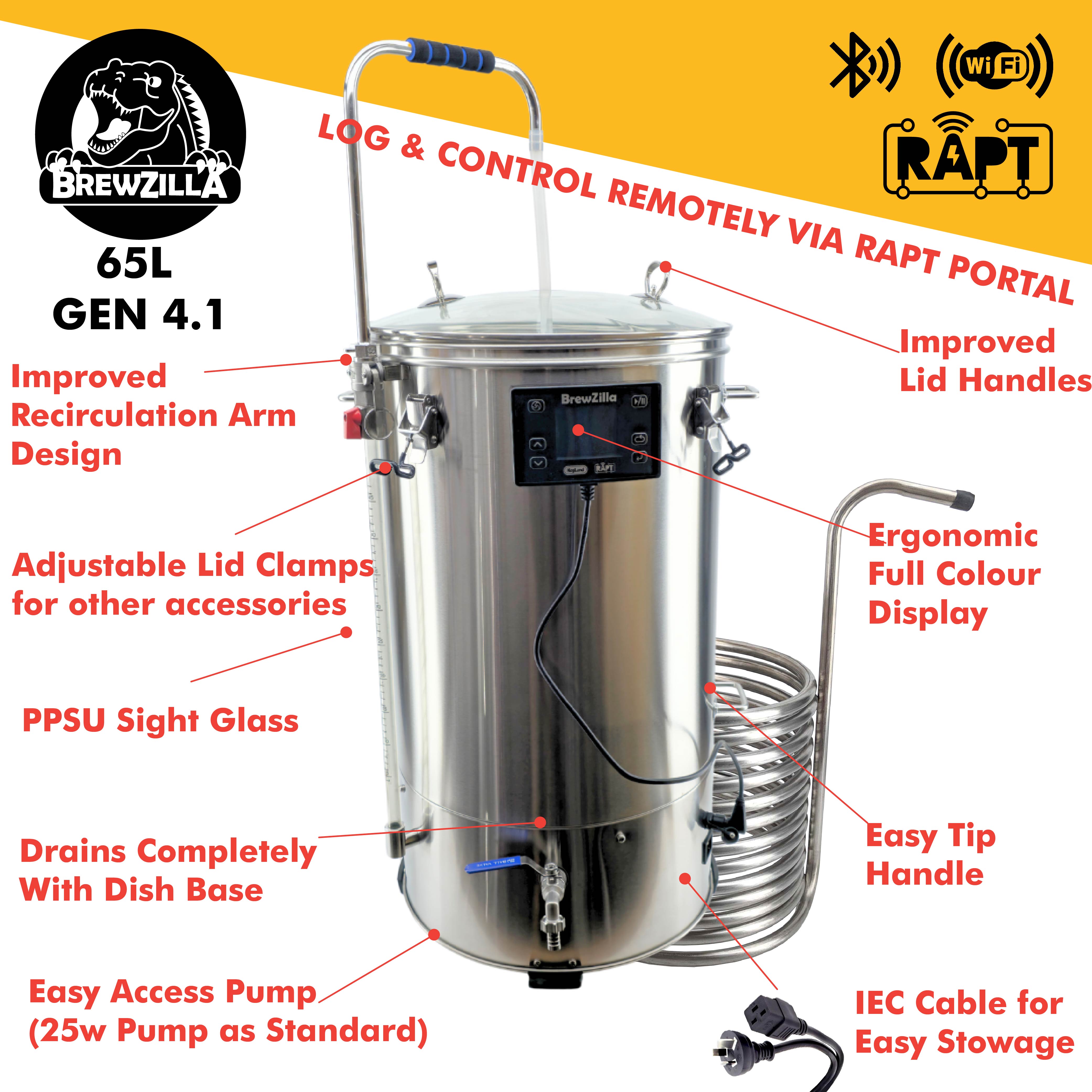Get the worlds top selling BrewZilla branded single vessel, double batch micro-brewery that is sold all over the world. Now with a sight glass and 25 watt pump.