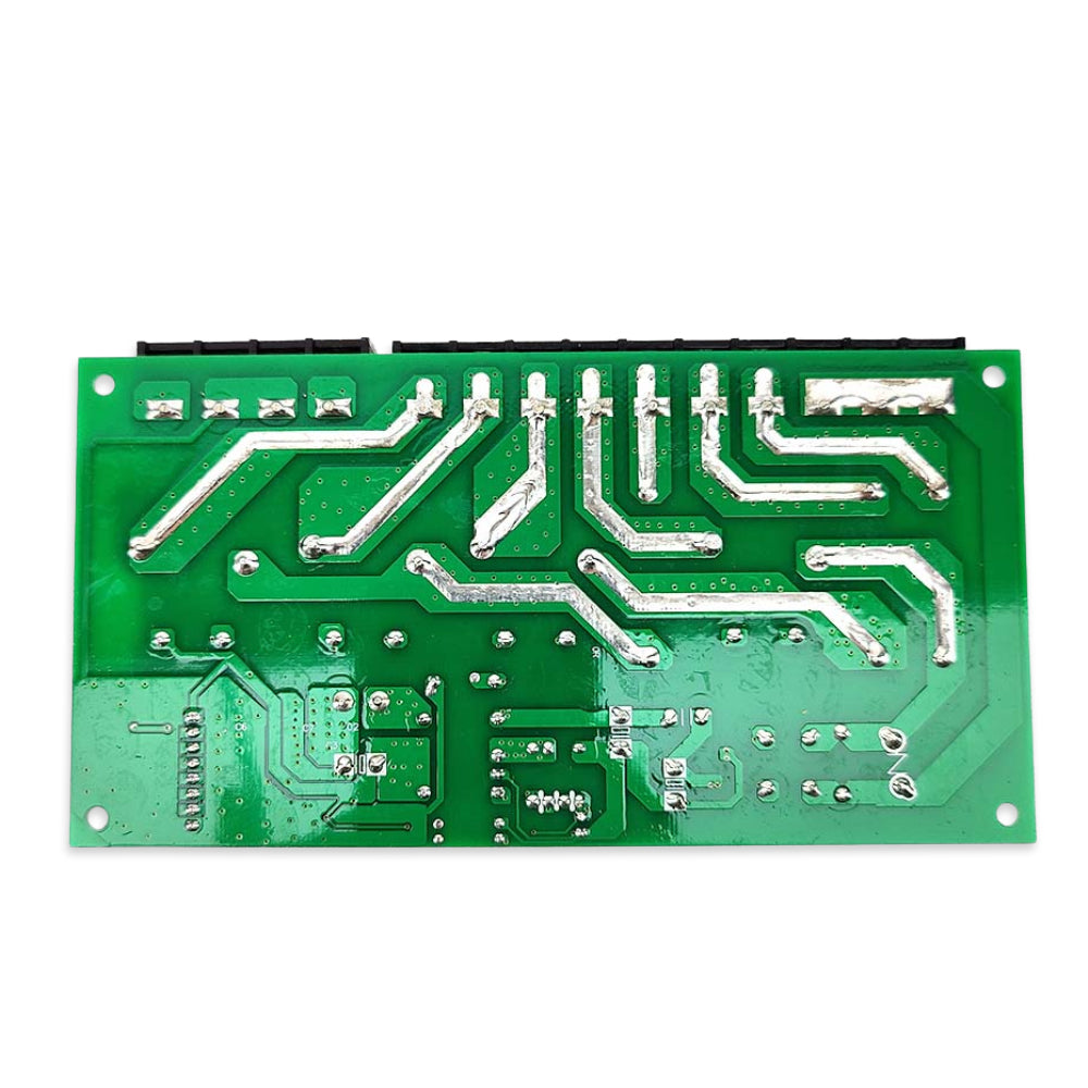 Green circuit board with silver components on a white background