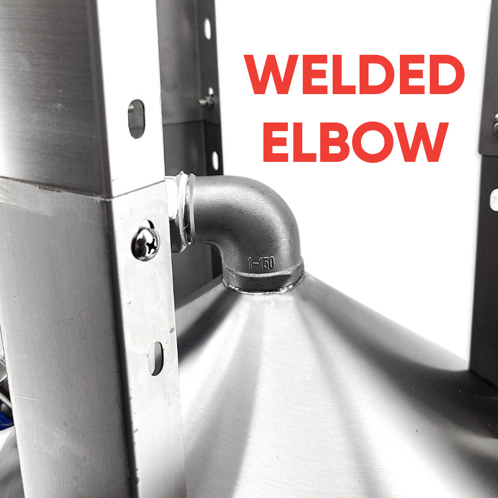 Metal pipe fitting with 'Welded Elbow' text on a white background