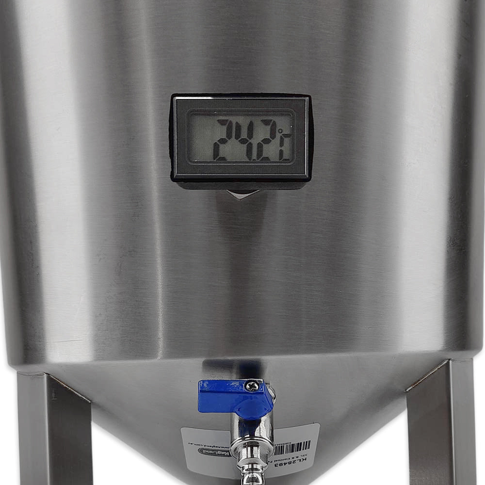 Stainless steel fermenter with digital temperature display and blue valve on a white background