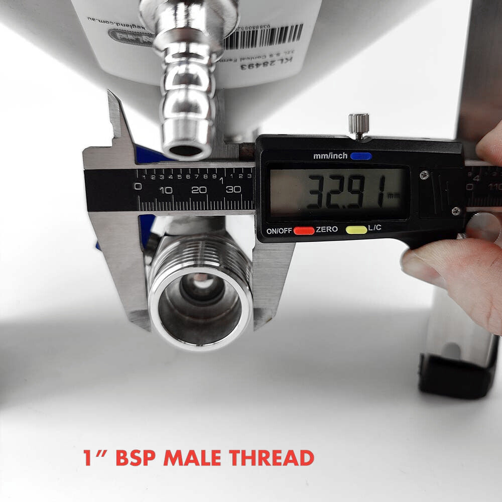Digital caliper measuring a metal fitting with '1" BSP Male Thread' text.
