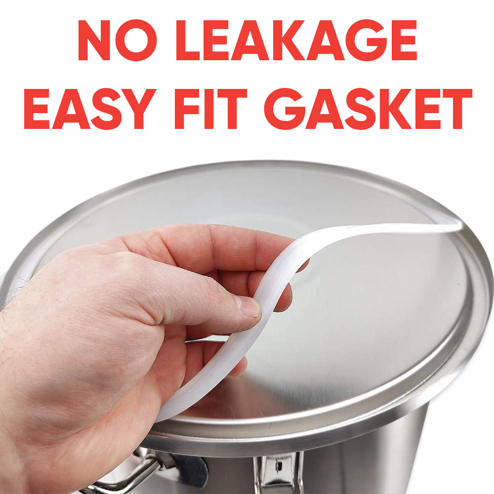 Hand holding a gasket with text 'No Leakage Easy Fit Gasket' above a pot.