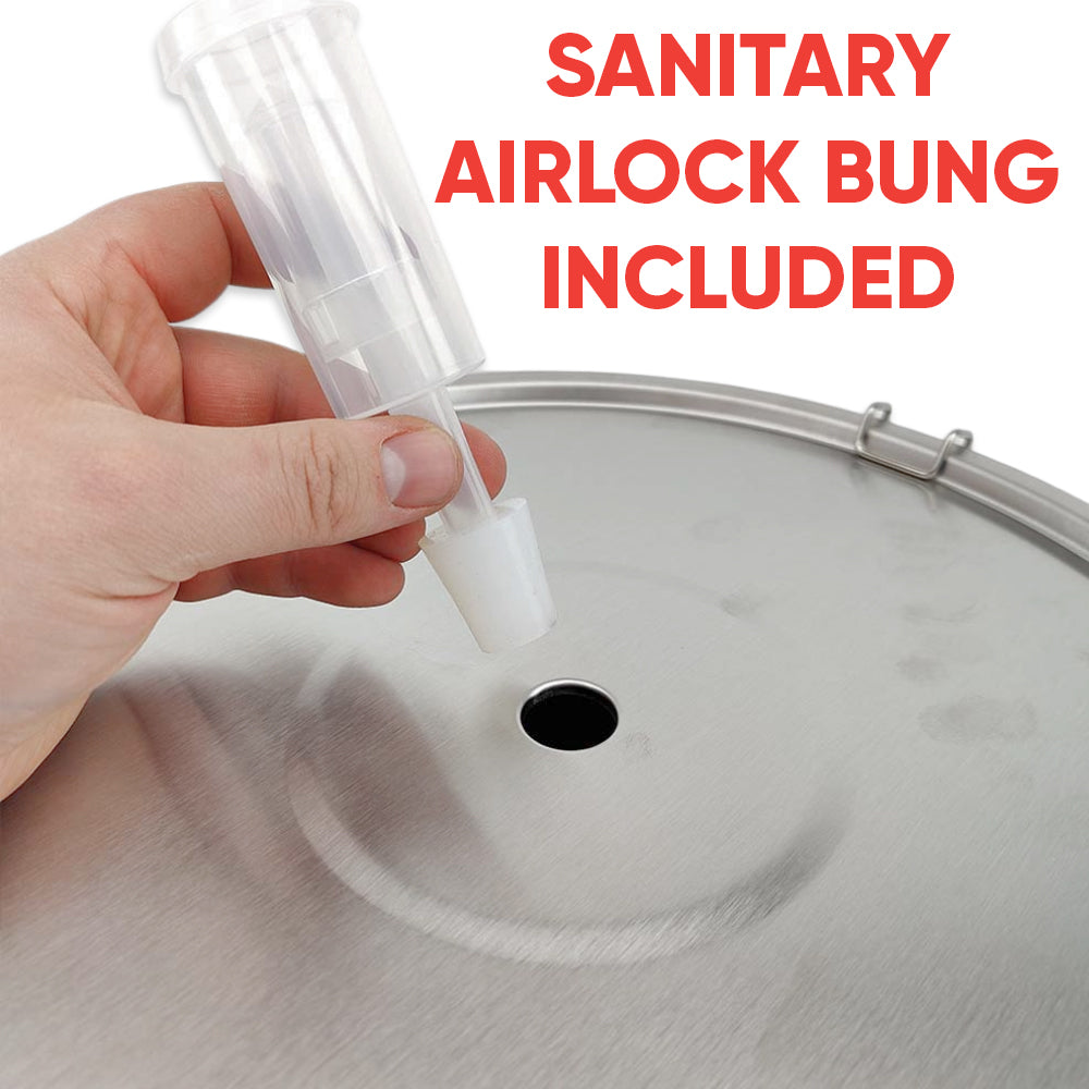 Hand holding a sanitary airlock bung over a metal container with text 'Sanitary Airlock Bung Included'.