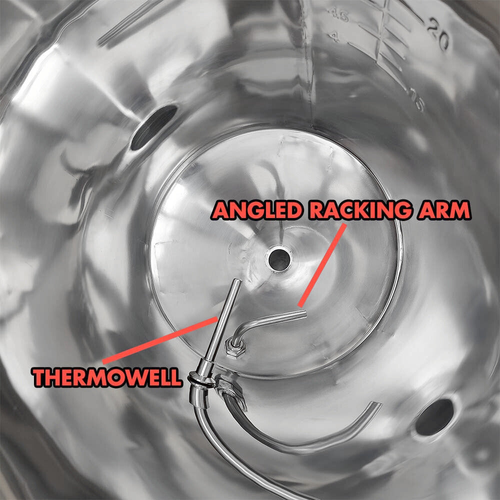 Stainless steel still with labeled angled racking arm and thermowell