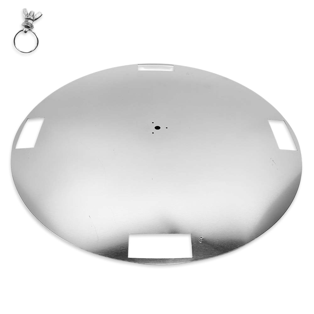 It has been pressed into a slight concave shape to match the curvature of the boiler false bottom of the 65L BrewZilla Gen 4. It also includes a longer Eye Bolt assembly with a wing nut.