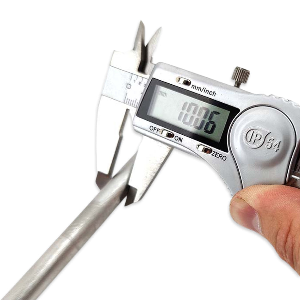 Digital caliper measuring a metal rod on a white background
