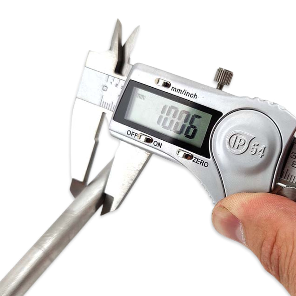 Digital caliper measuring a metal rod with a white background