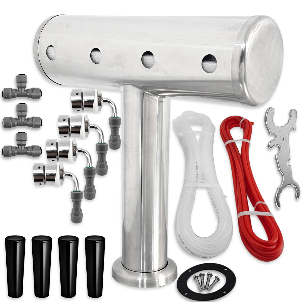 4 Tap T-Bar Brushed Stainless Font Kit (duotights, shanks, handles, EVABarrier) - KegLand