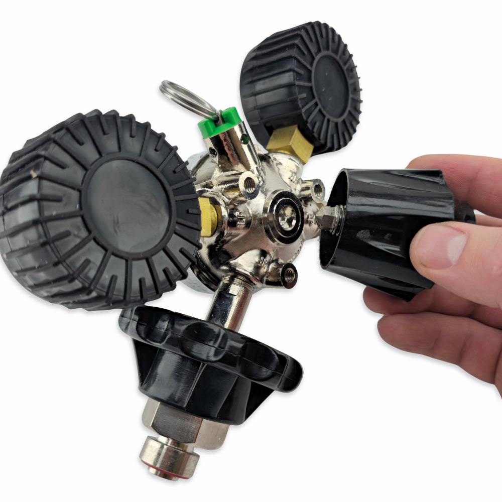 Simply by using the regulator knobs M8 hex fitting you can undo the back of the regulator to clean any debris or accidental liquid contaminant.