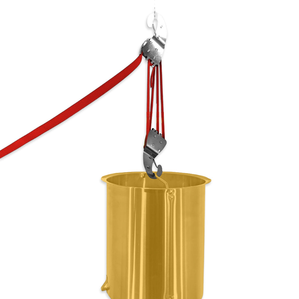 The pulley system enables you to multiply your pulling force 4 times. So by pulling with a 30kg force the pully will lift a 120kg force and thus significiantly increasing your ability to lift heavy loads.