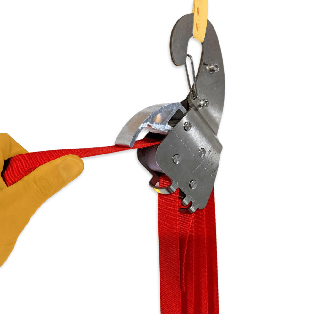 If you let go of the strap the system locks instantly preventing your load falling to the ground. To release the strap just lift the strap up 50-60degrees and the automatic break will release and enable you to lower the load onto the ground.