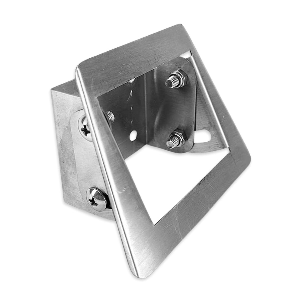 Metallic square bracket with screws on a white background