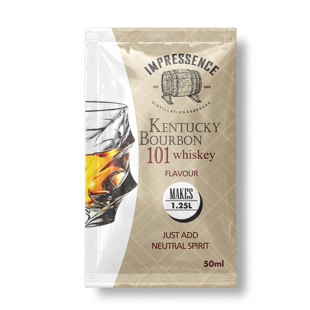 50mL Kentucky Bourbon 101 Whiskey Spirit Flavouring Sachet - makes 1.25L of classic aged rye bourbon whiskey with hints of caramel, vanilla and spice.