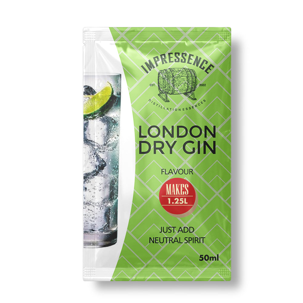 50mL London Dry Gin Spirit Flavouring Sachet - makes 1.25L of crisp juniper and citrus forward gin.