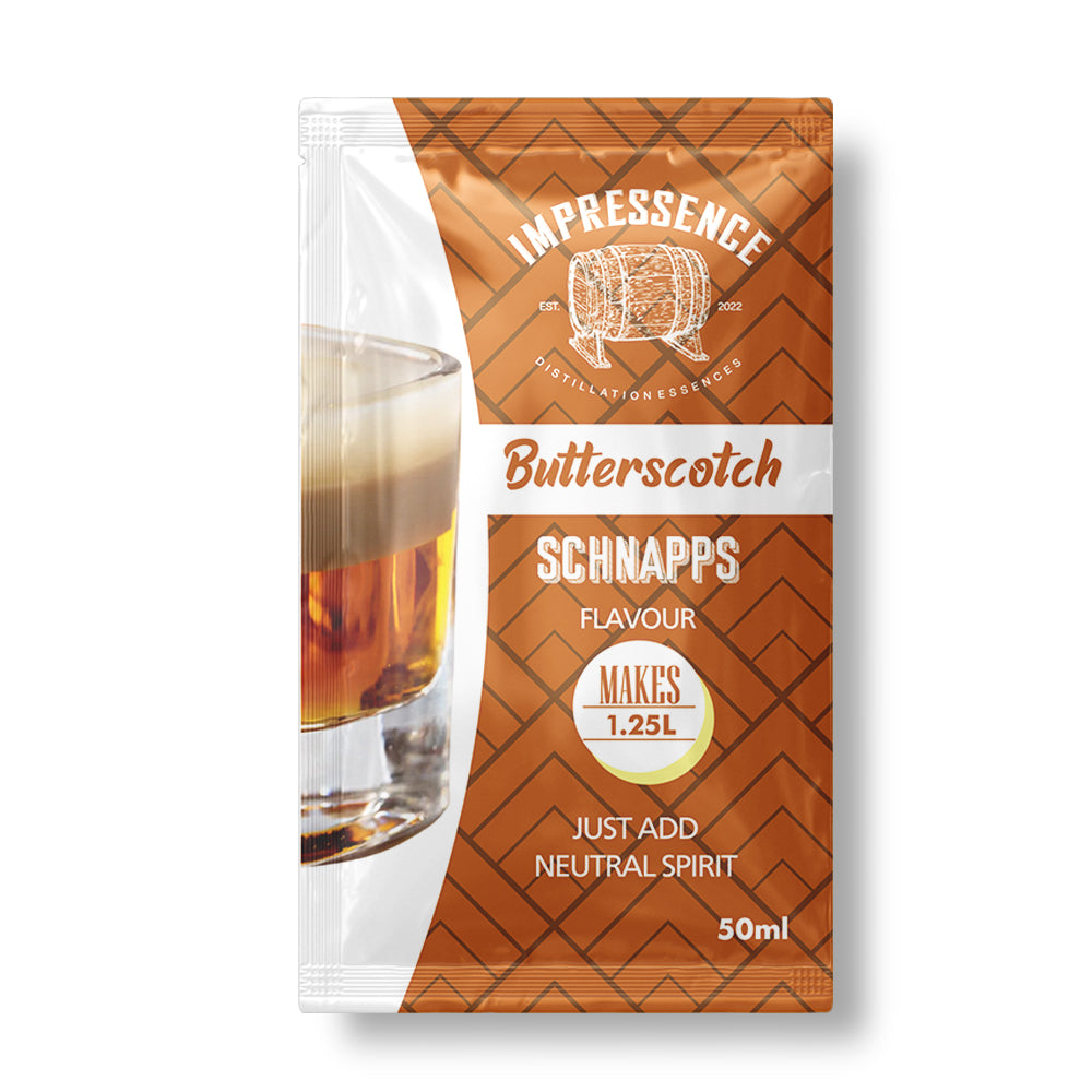 50ml Sachet of Impressence Butterscotch Schnapps Spirit Flavouring - Makes 1.25L of rich and velvety butterscotch liqueur.