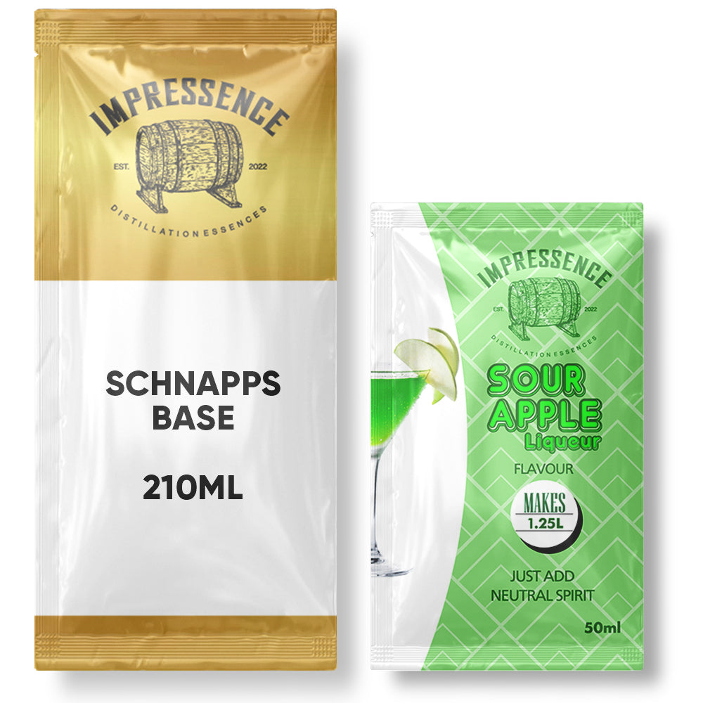 Add entire 50mL contents of Impressence - Sour Apple Liqueur Spirit Flavouring sachet to 600mL of 40% ABV Alcohol