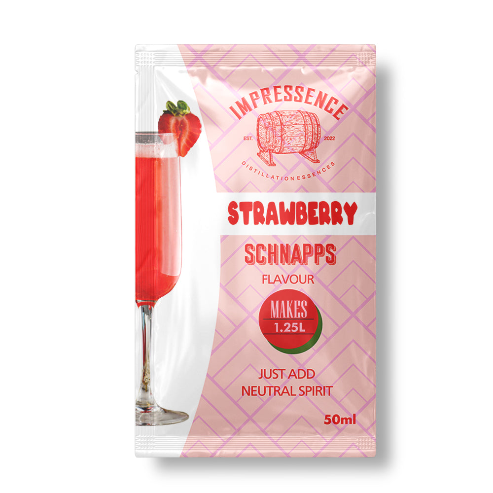 50mL sachet of Strawberry Schnapps Spirit Flavouring, boasting a sweet lingering fresh fruit flavour.