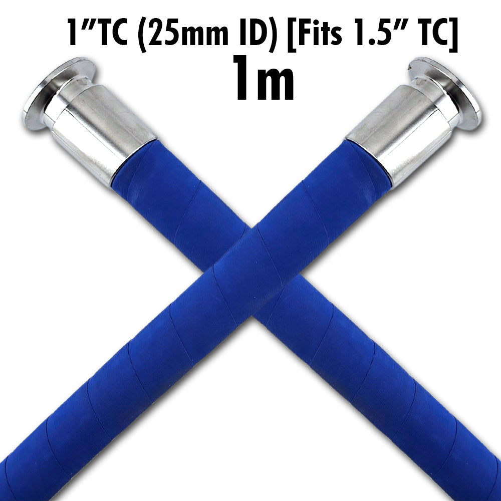 This 1m hose is equipped with a 1 Inch bore that fits a 1.5 Inch TC fitting on both ends. These are swaged to the hose to ensure a smooth bore that is capable of high pressures or vacuum.