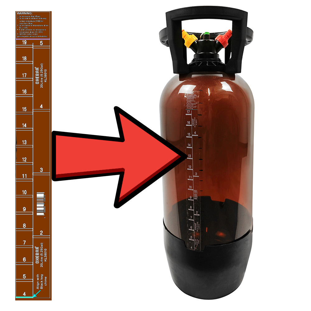 This is a replacement graduation sticker for the Oxebar 20L Amber PET Keg Fermenter Tanks. It is white text displayed over a transparent backing sticker.