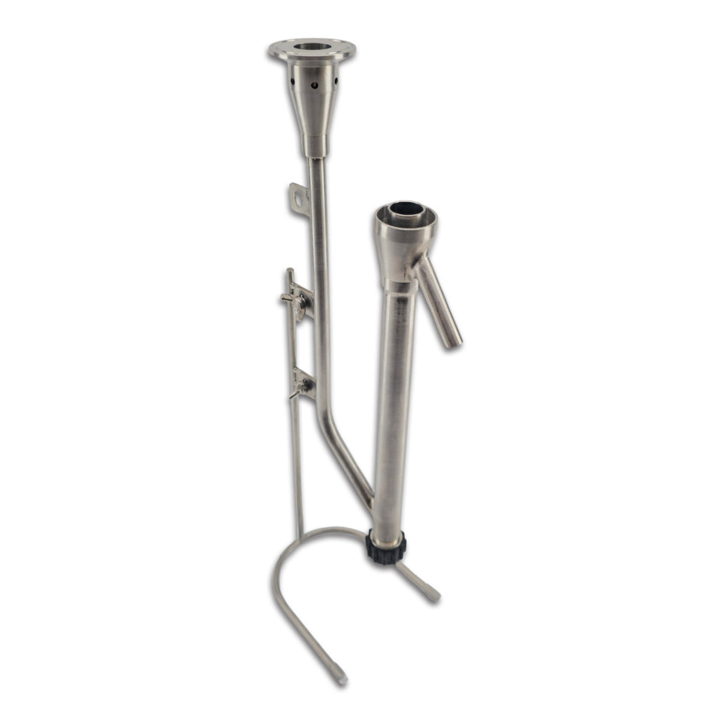 can be height adjusted using the wire stand, or mounted directly to your PolyPhoenix Distillation set up via the 1.5" Tri-Clover input port.