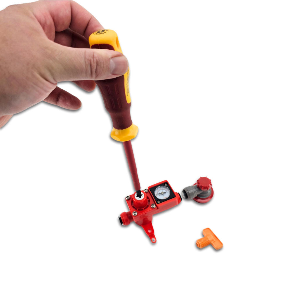 Simply use a Phillips Head Screw driver to adjust the pressure of your inline regulator or BlowTie. Completely sunken and recessed into the fitting to make it a super low profile that can't be knocked or break apart.