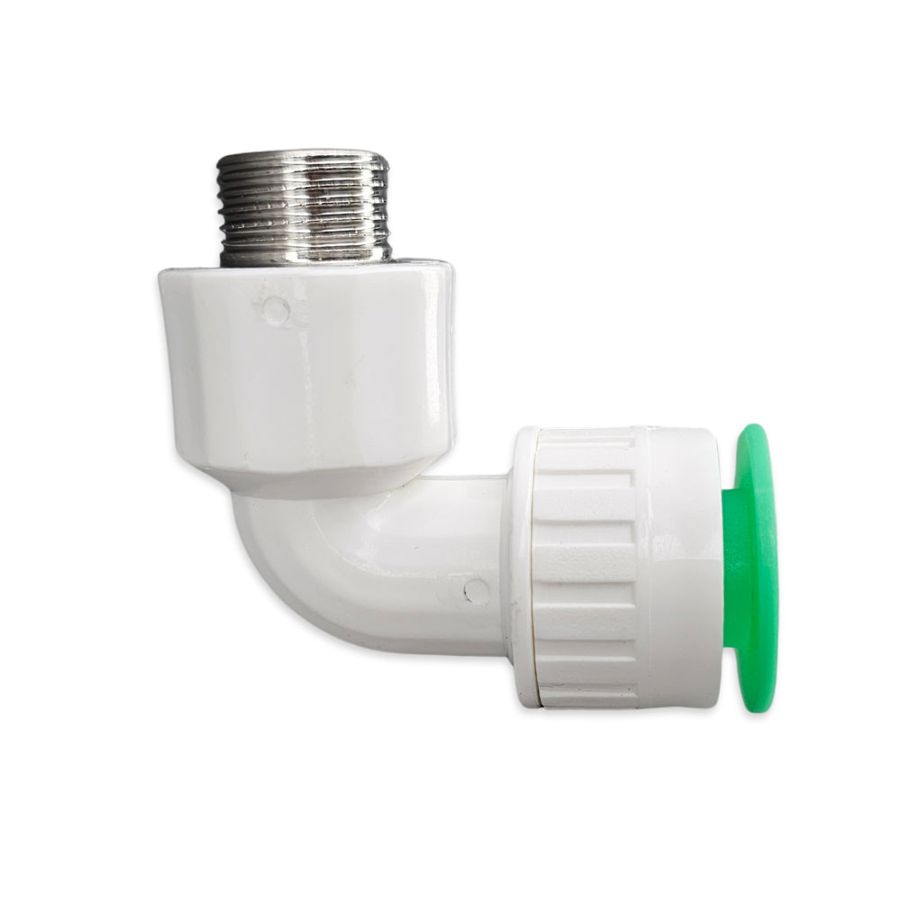 Suited to EVABarrier Lightbarrier Hydroponics hosing, this particular fitting is equipped with one end push in then a 90 degree bend to a 1/2 Inch BSP Male thread.