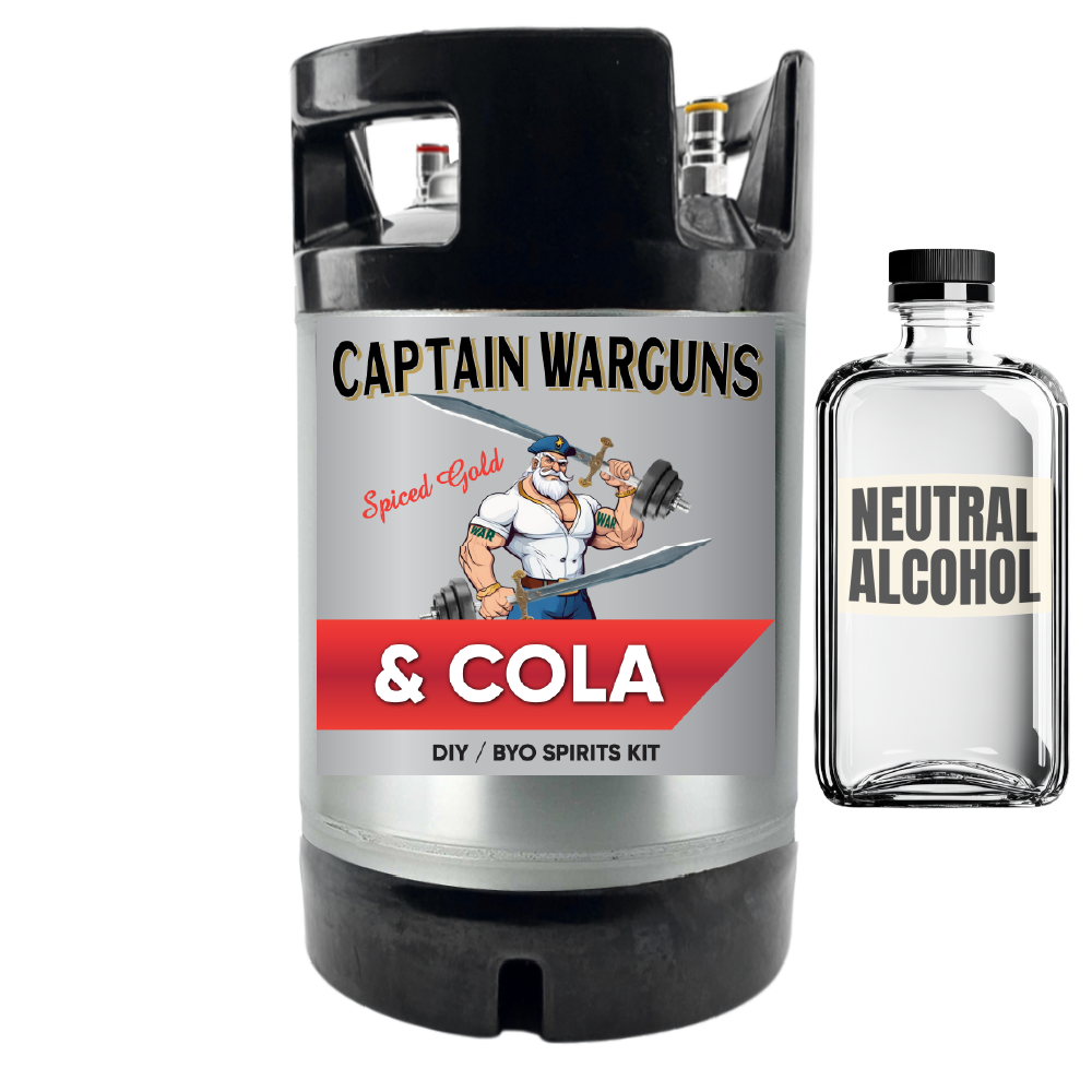 Captain Warguns Spiced Rum & Cola DIY BYO Spirits Kit with a bottle of neutral alcohol on a white background