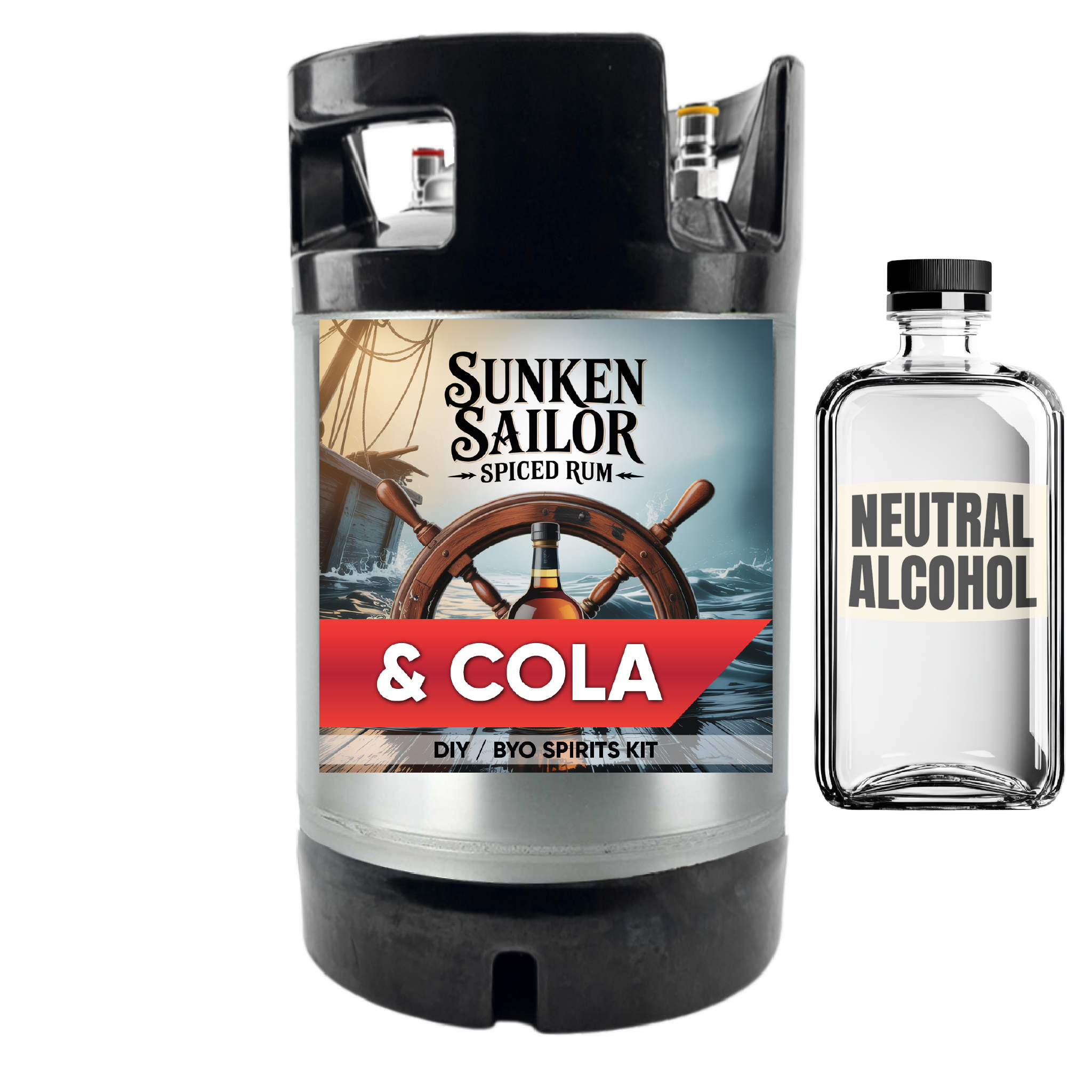 Sunken Sailor Spiced Rum & Cola DIY BYO Spirits Kit with a bottle of neutral alcohol on a white background.
