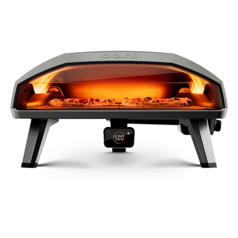 Ooni Koda 2 Max 24 Inch Gas Powered Pizza Oven Front View Two 12 inch pizzas cooking