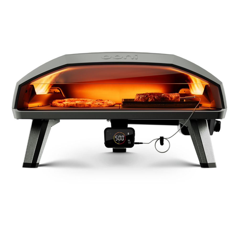 Ooni Koda 2 Max 24 Inch Gas Powered Pizza Oven Front view 12 inch pizza and steak cooking