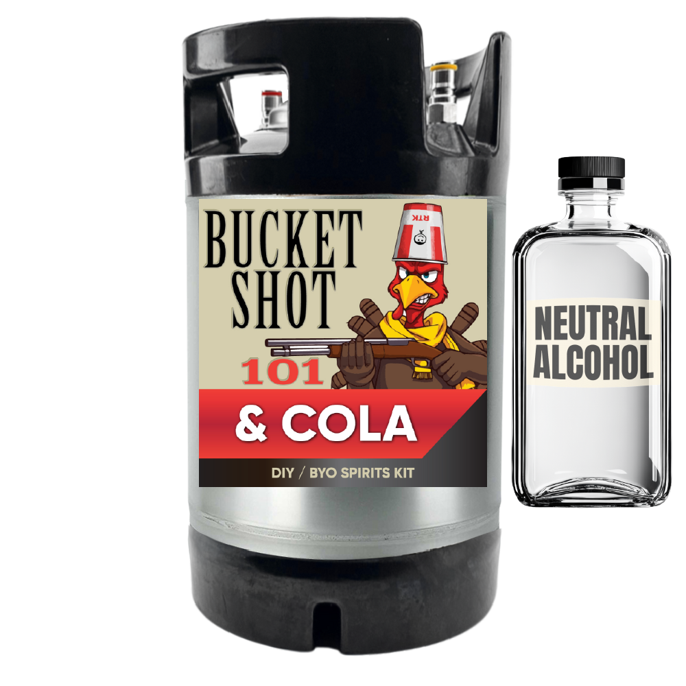 Bucket Shot 101 & Cola DIY BYO Spirits Kit with a bottle of neutral alcohol on a white background